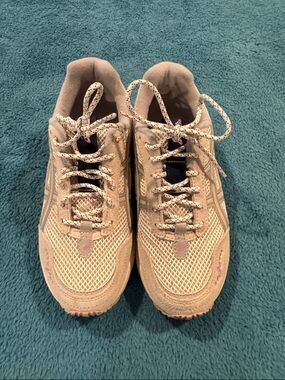 Asics Beige Mesh & Suede Running Sneakers with Pink Accents